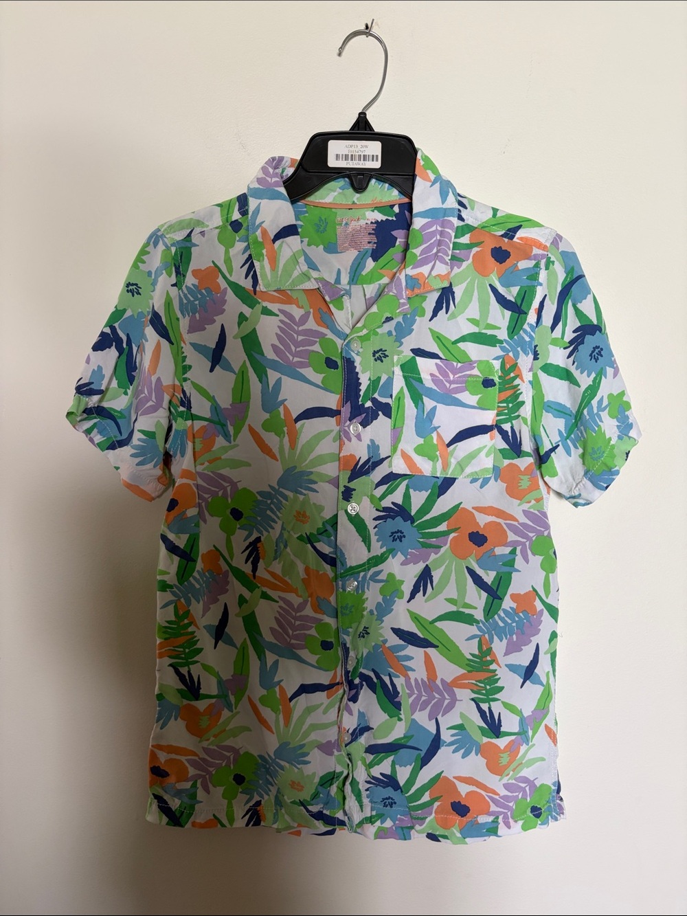 Cat & Jack Short-Sleeve Button-Up Shirt in bright tropical pattern.